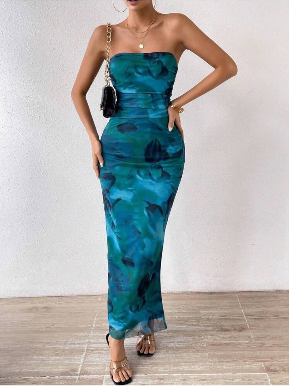 SHEIN Strapless Teal & Deep Blue Watercolor Column Dress